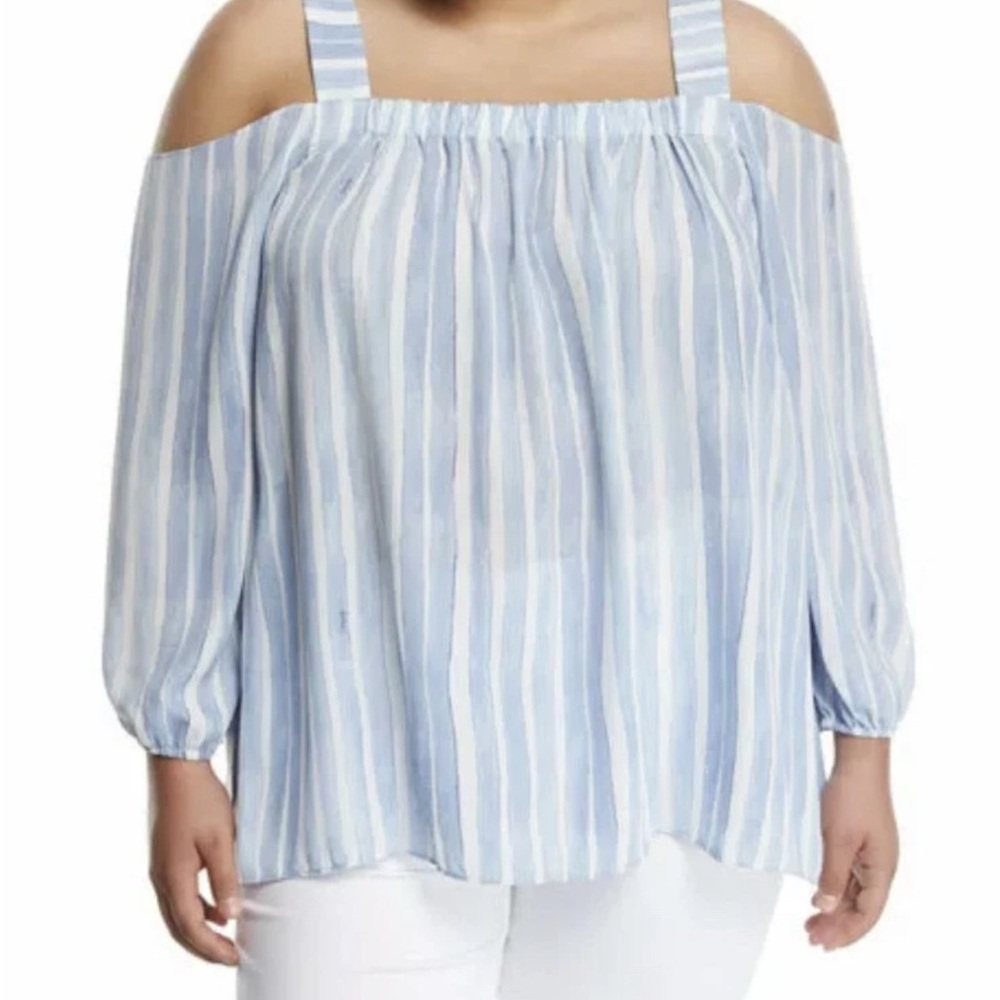 Vince Camuto Blue and White Cold Shoulder 3/4 Sleeve Blouse